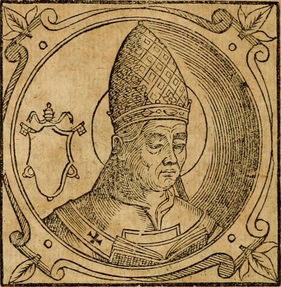 An illustration from Historia B. Platinae de vitis pontificum Romanorum : a D.N. Jesu Christo usque ad Paulum II. venetum papam : longe' quam antea emendatior, doctissimarumq[ue] annotationum Onuphrii Panuinii accessione nunc illustrior reddita : cui, eiusdem Onuphrii accurata atque fideli operâ, reliquorum pontificum vitae, usq[ue] ad Pium V. & Antonii Ciccarellae, usq[ue] ad Clementem VIII. qui hodiè sanctæ Romanae Catholicae ecclesiae præsidet, adiunctæ sunt : accesserunt nunc demum omnium pontificum verae effigies : omnia summo studio emendata & correcta, 1600, leaf 73