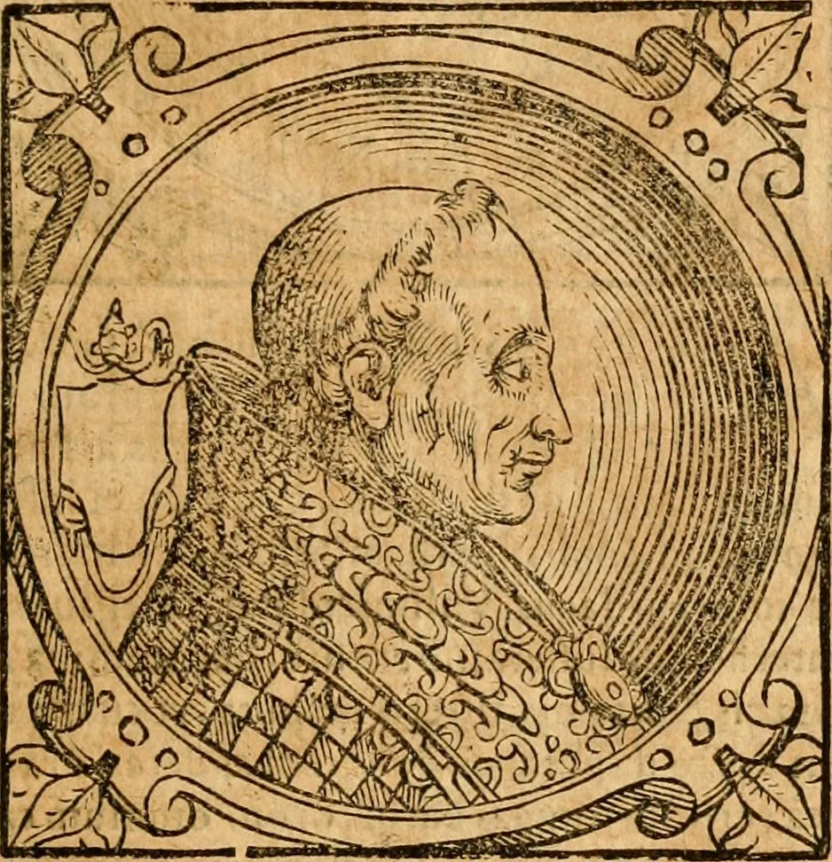An illustration from Historia B. Platinae de vitis pontificum Romanorum : a D.N. Jesu Christo usque ad Paulum II. venetum papam : longe' quam antea emendatior, doctissimarumq[ue] annotationum Onuphrii Panuinii accessione nunc illustrior reddita : cui, eiusdem Onuphrii accurata atque fideli operâ, reliquorum pontificum vitae, usq[ue] ad Pium V. & Antonii Ciccarellae, usq[ue] ad Clementem VIII. qui hodiè sanctæ Romanae Catholicae ecclesiae præsidet, adiunctæ sunt : accesserunt nunc demum omnium pontificum verae effigies : omnia summo studio emendata & correcta, 1600, leaf 74