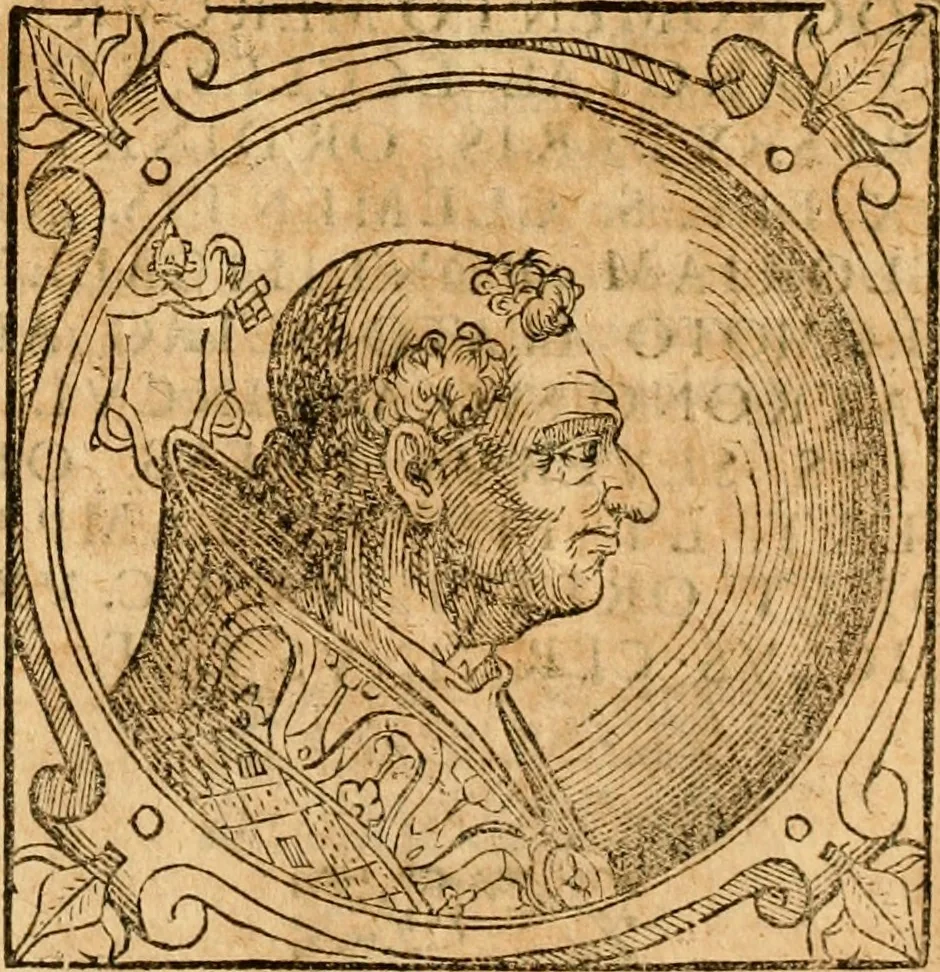 An illustration from Historia B. Platinae de vitis pontificum Romanorum : a D.N. Jesu Christo usque ad Paulum II. venetum papam : longe' quam antea emendatior, doctissimarumq[ue] annotationum Onuphrii Panuinii accessione nunc illustrior reddita : cui, eiusdem Onuphrii accurata atque fideli operâ, reliquorum pontificum vitae, usq[ue] ad Pium V. & Antonii Ciccarellae, usq[ue] ad Clementem VIII. qui hodiè sanctæ Romanae Catholicae ecclesiae præsidet, adiunctæ sunt : accesserunt nunc demum omnium pontificum verae effigies : omnia summo studio emendata & correcta, 1600, leaf 74