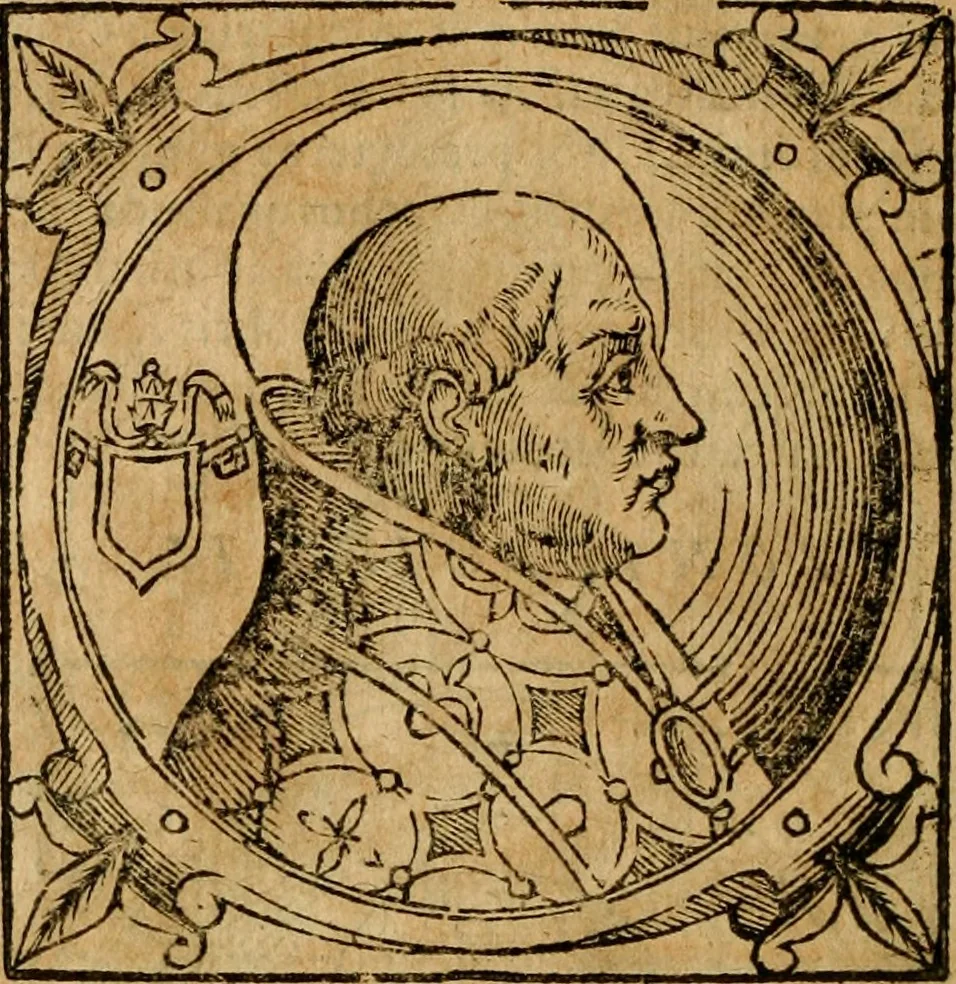 An illustration from Historia B. Platinae de vitis pontificum Romanorum : a D.N. Jesu Christo usque ad Paulum II. venetum papam : longe' quam antea emendatior, doctissimarumq[ue] annotationum Onuphrii Panuinii accessione nunc illustrior reddita : cui, eiusdem Onuphrii accurata atque fideli operâ, reliquorum pontificum vitae, usq[ue] ad Pium V. & Antonii Ciccarellae, usq[ue] ad Clementem VIII. qui hodiè sanctæ Romanae Catholicae ecclesiae præsidet, adiunctæ sunt : accesserunt nunc demum omnium pontificum verae effigies : omnia summo studio emendata & correcta, 1600, leaf 75
