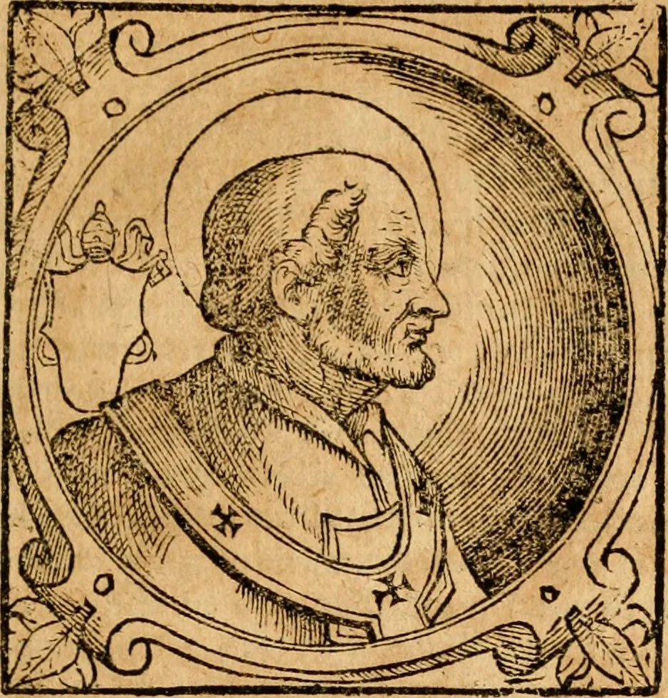 An illustration from Historia B. Platinae de vitis pontificum Romanorum : a D.N. Jesu Christo usque ad Paulum II. venetum papam : longe' quam antea emendatior, doctissimarumq[ue] annotationum Onuphrii Panuinii accessione nunc illustrior reddita : cui, eiusdem Onuphrii accurata atque fideli operâ, reliquorum pontificum vitae, usq[ue] ad Pium V. & Antonii Ciccarellae, usq[ue] ad Clementem VIII. qui hodiè sanctæ Romanae Catholicae ecclesiae præsidet, adiunctæ sunt : accesserunt nunc demum omnium pontificum verae effigies : omnia summo studio emendata & correcta, 1600, leaf 76