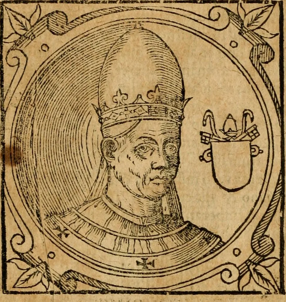 An illustration from Historia B. Platinae de vitis pontificum Romanorum : a D.N. Jesu Christo usque ad Paulum II. venetum papam : longe' quam antea emendatior, doctissimarumq[ue] annotationum Onuphrii Panuinii accessione nunc illustrior reddita : cui, eiusdem Onuphrii accurata atque fideli operâ, reliquorum pontificum vitae, usq[ue] ad Pium V. & Antonii Ciccarellae, usq[ue] ad Clementem VIII. qui hodiè sanctæ Romanae Catholicae ecclesiae præsidet, adiunctæ sunt : accesserunt nunc demum omnium pontificum verae effigies : omnia summo studio emendata & correcta, 1600, leaf 77