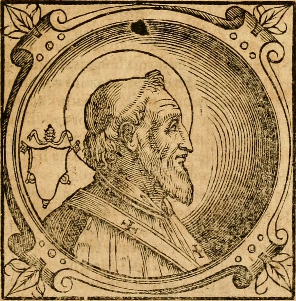 An illustration from Historia B. Platinae de vitis pontificum Romanorum : a D.N. Jesu Christo usque ad Paulum II. venetum papam : longe' quam antea emendatior, doctissimarumq[ue] annotationum Onuphrii Panuinii accessione nunc illustrior reddita : cui, eiusdem Onuphrii accurata atque fideli operâ, reliquorum pontificum vitae, usq[ue] ad Pium V. & Antonii Ciccarellae, usq[ue] ad Clementem VIII. qui hodiè sanctæ Romanae Catholicae ecclesiae præsidet, adiunctæ sunt : accesserunt nunc demum omnium pontificum verae effigies : omnia summo studio emendata & correcta, 1600, leaf 78