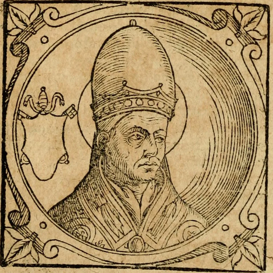 An illustration from Historia B. Platinae de vitis pontificum Romanorum : a D.N. Jesu Christo usque ad Paulum II. venetum papam : longe' quam antea emendatior, doctissimarumq[ue] annotationum Onuphrii Panuinii accessione nunc illustrior reddita : cui, eiusdem Onuphrii accurata atque fideli operâ, reliquorum pontificum vitae, usq[ue] ad Pium V. & Antonii Ciccarellae, usq[ue] ad Clementem VIII. qui hodiè sanctæ Romanae Catholicae ecclesiae præsidet, adiunctæ sunt : accesserunt nunc demum omnium pontificum verae effigies : omnia summo studio emendata & correcta, 1600, leaf 79
