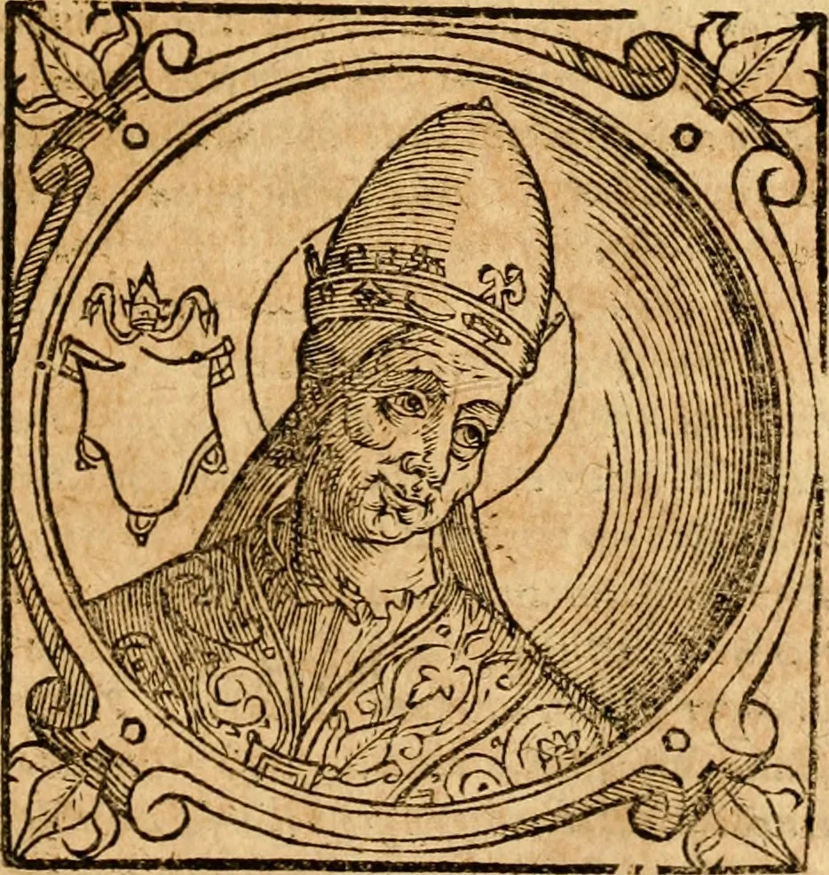 An illustration from Historia B. Platinae de vitis pontificum Romanorum : a D.N. Jesu Christo usque ad Paulum II. venetum papam : longe' quam antea emendatior, doctissimarumq[ue] annotationum Onuphrii Panuinii accessione nunc illustrior reddita : cui, eiusdem Onuphrii accurata atque fideli operâ, reliquorum pontificum vitae, usq[ue] ad Pium V. & Antonii Ciccarellae, usq[ue] ad Clementem VIII. qui hodiè sanctæ Romanae Catholicae ecclesiae præsidet, adiunctæ sunt : accesserunt nunc demum omnium pontificum verae effigies : omnia summo studio emendata & correcta, 1600, leaf 80