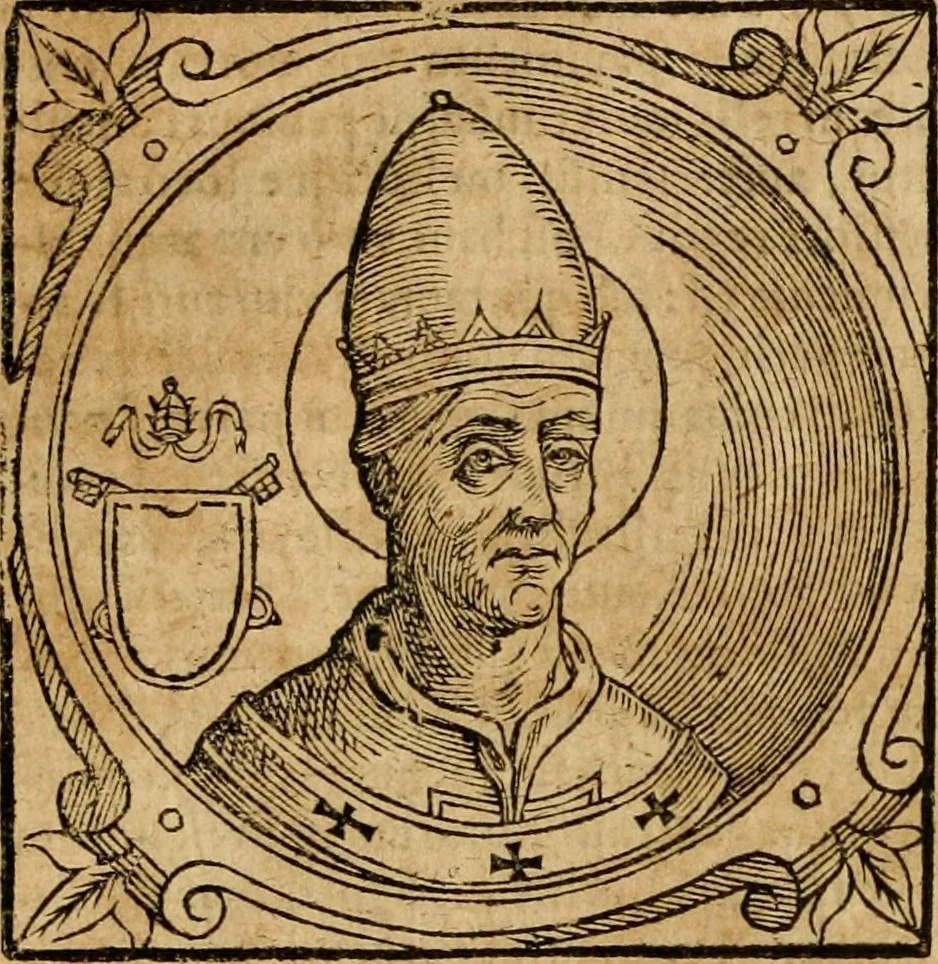 An illustration from Historia B. Platinae de vitis pontificum Romanorum : a D.N. Jesu Christo usque ad Paulum II. venetum papam : longe' quam antea emendatior, doctissimarumq[ue] annotationum Onuphrii Panuinii accessione nunc illustrior reddita : cui, eiusdem Onuphrii accurata atque fideli operâ, reliquorum pontificum vitae, usq[ue] ad Pium V. & Antonii Ciccarellae, usq[ue] ad Clementem VIII. qui hodiè sanctæ Romanae Catholicae ecclesiae præsidet, adiunctæ sunt : accesserunt nunc demum omnium pontificum verae effigies : omnia summo studio emendata & correcta, 1600, leaf 81