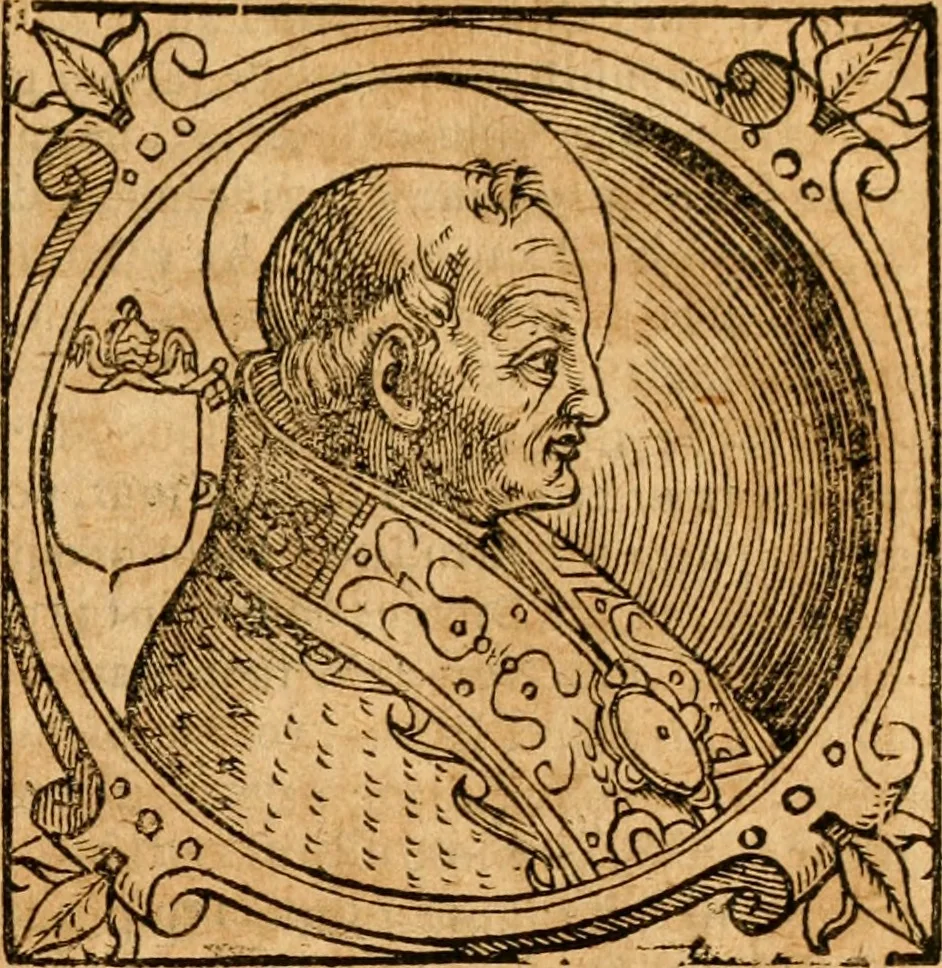 An illustration from Historia B. Platinae de vitis pontificum Romanorum : a D.N. Jesu Christo usque ad Paulum II. venetum papam : longe' quam antea emendatior, doctissimarumq[ue] annotationum Onuphrii Panuinii accessione nunc illustrior reddita : cui, eiusdem Onuphrii accurata atque fideli operâ, reliquorum pontificum vitae, usq[ue] ad Pium V. & Antonii Ciccarellae, usq[ue] ad Clementem VIII. qui hodiè sanctæ Romanae Catholicae ecclesiae præsidet, adiunctæ sunt : accesserunt nunc demum omnium pontificum verae effigies : omnia summo studio emendata & correcta, 1600, leaf 82