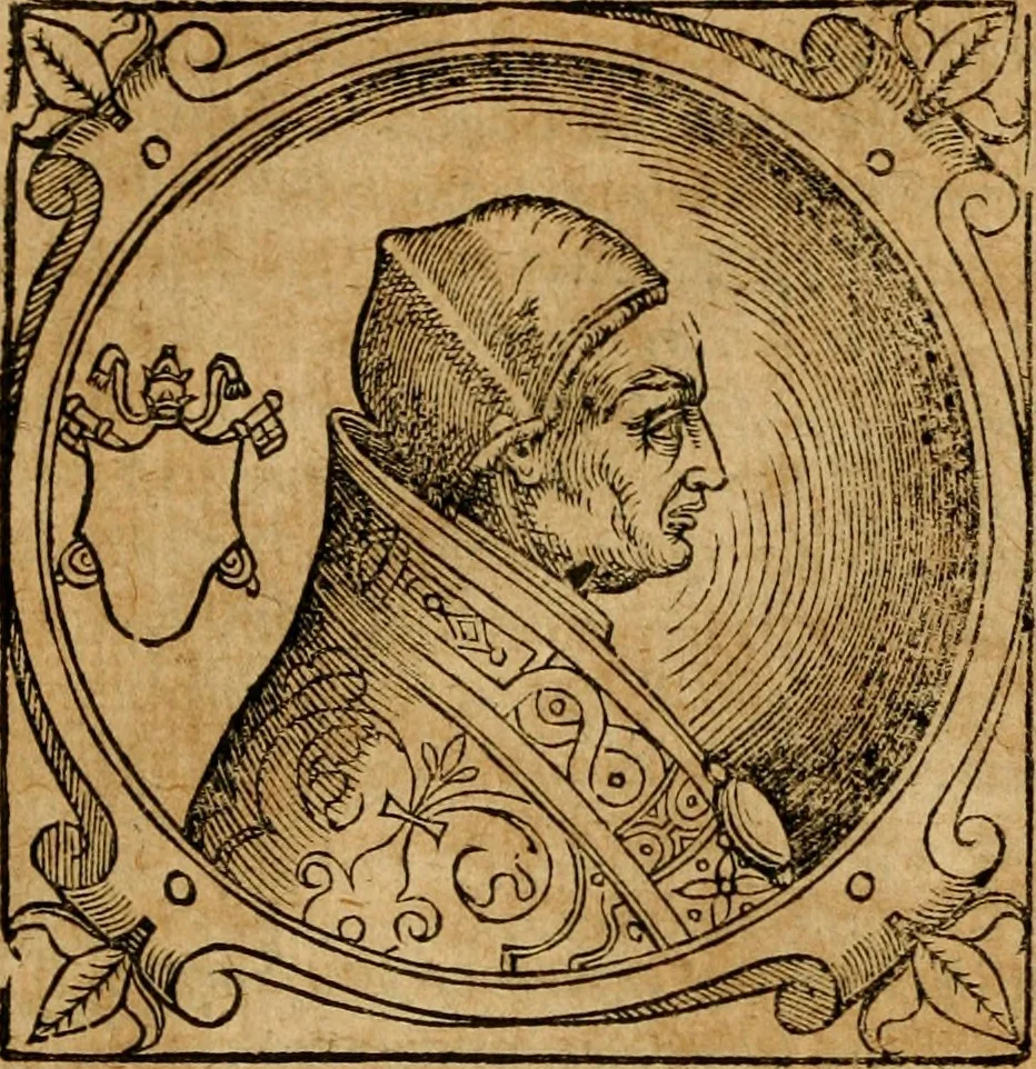 An illustration from Historia B. Platinae de vitis pontificum Romanorum : a D.N. Jesu Christo usque ad Paulum II. venetum papam : longe' quam antea emendatior, doctissimarumq[ue] annotationum Onuphrii Panuinii accessione nunc illustrior reddita : cui, eiusdem Onuphrii accurata atque fideli operâ, reliquorum pontificum vitae, usq[ue] ad Pium V. & Antonii Ciccarellae, usq[ue] ad Clementem VIII. qui hodiè sanctæ Romanae Catholicae ecclesiae præsidet, adiunctæ sunt : accesserunt nunc demum omnium pontificum verae effigies : omnia summo studio emendata & correcta, 1600, leaf 85