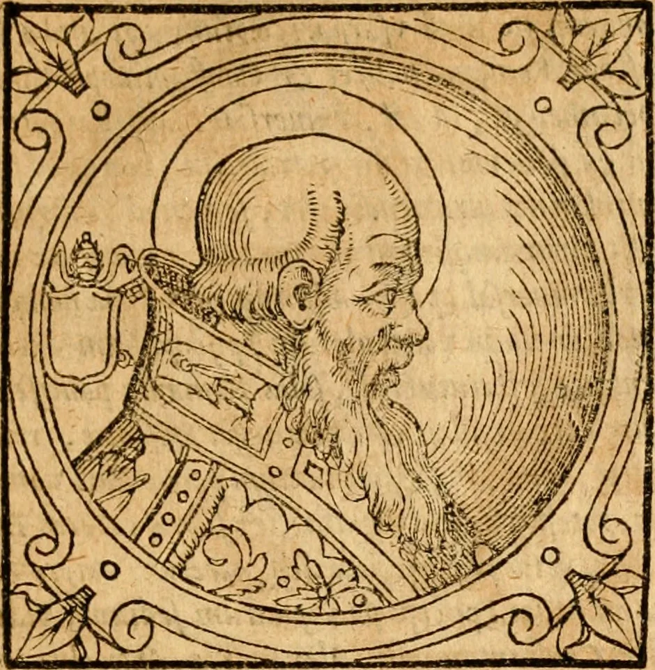 An illustration from Historia B. Platinae de vitis pontificum Romanorum : a D.N. Jesu Christo usque ad Paulum II. venetum papam : longe' quam antea emendatior, doctissimarumq[ue] annotationum Onuphrii Panuinii accessione nunc illustrior reddita : cui, eiusdem Onuphrii accurata atque fideli operâ, reliquorum pontificum vitae, usq[ue] ad Pium V. & Antonii Ciccarellae, usq[ue] ad Clementem VIII. qui hodiè sanctæ Romanae Catholicae ecclesiae præsidet, adiunctæ sunt : accesserunt nunc demum omnium pontificum verae effigies : omnia summo studio emendata & correcta, 1600, leaf 86