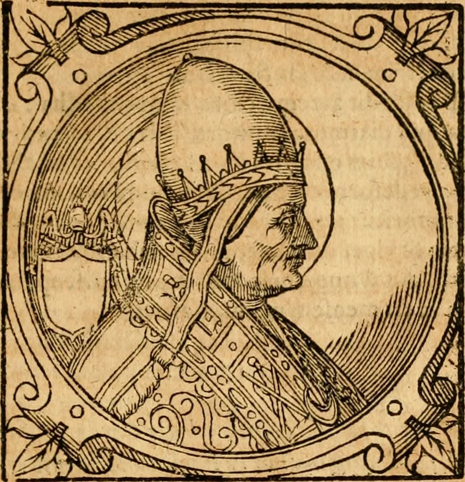 An illustration from Historia B. Platinae de vitis pontificum Romanorum : a D.N. Jesu Christo usque ad Paulum II. venetum papam : longe' quam antea emendatior, doctissimarumq[ue] annotationum Onuphrii Panuinii accessione nunc illustrior reddita : cui, eiusdem Onuphrii accurata atque fideli operâ, reliquorum pontificum vitae, usq[ue] ad Pium V. & Antonii Ciccarellae, usq[ue] ad Clementem VIII. qui hodiè sanctæ Romanae Catholicae ecclesiae præsidet, adiunctæ sunt : accesserunt nunc demum omnium pontificum verae effigies : omnia summo studio emendata & correcta, 1600, leaf 88