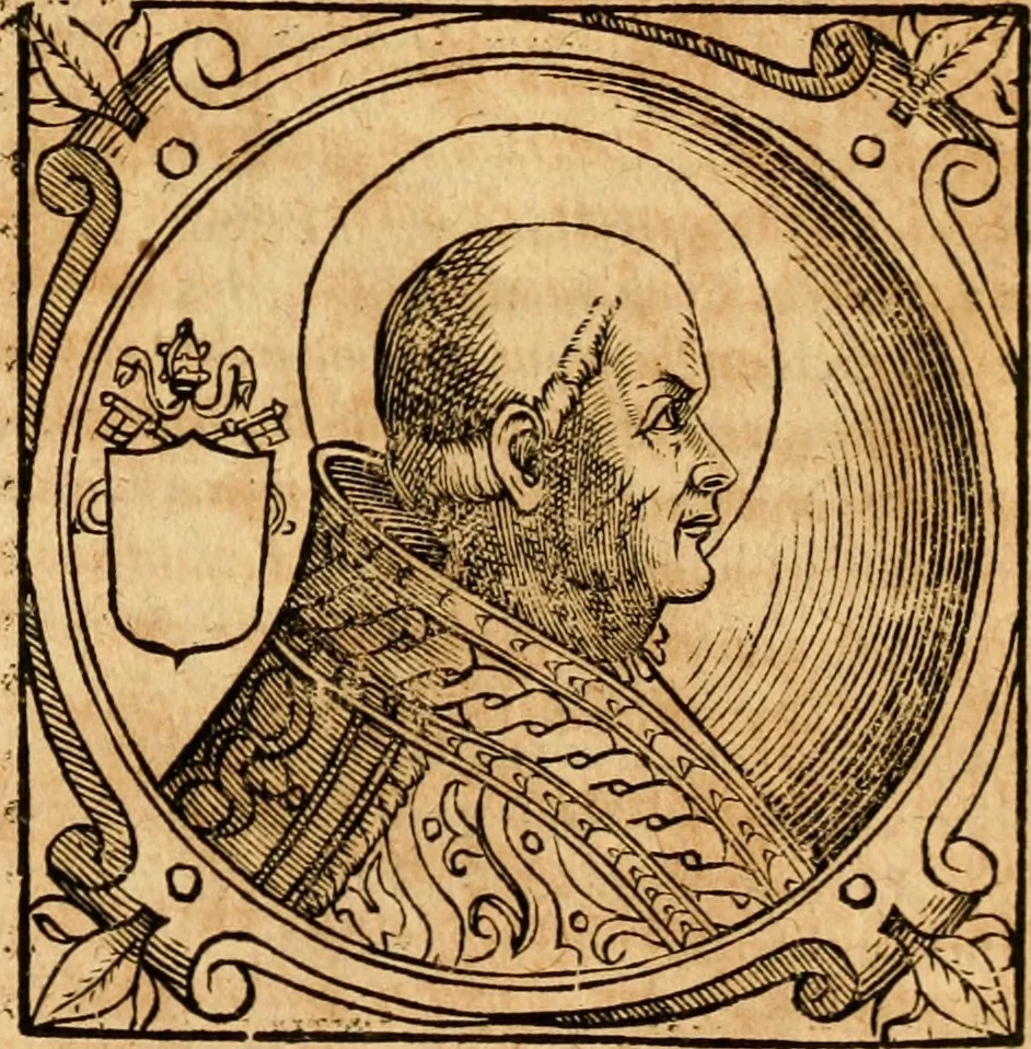 An illustration from Historia B. Platinae de vitis pontificum Romanorum : a D.N. Jesu Christo usque ad Paulum II. venetum papam : longe' quam antea emendatior, doctissimarumq[ue] annotationum Onuphrii Panuinii accessione nunc illustrior reddita : cui, eiusdem Onuphrii accurata atque fideli operâ, reliquorum pontificum vitae, usq[ue] ad Pium V. & Antonii Ciccarellae, usq[ue] ad Clementem VIII. qui hodiè sanctæ Romanae Catholicae ecclesiae præsidet, adiunctæ sunt : accesserunt nunc demum omnium pontificum verae effigies : omnia summo studio emendata & correcta, 1600, leaf 88