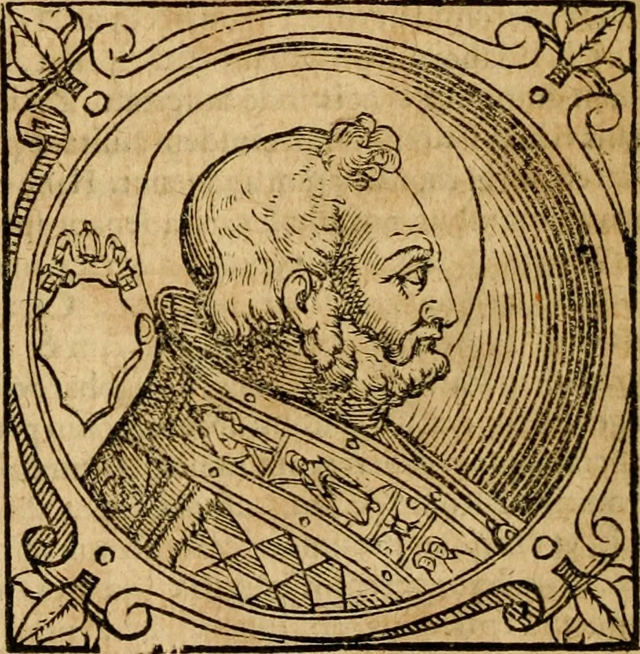 An illustration from Historia B. Platinae de vitis pontificum Romanorum : a D.N. Jesu Christo usque ad Paulum II. venetum papam : longe' quam antea emendatior, doctissimarumq[ue] annotationum Onuphrii Panuinii accessione nunc illustrior reddita : cui, eiusdem Onuphrii accurata atque fideli operâ, reliquorum pontificum vitae, usq[ue] ad Pium V. & Antonii Ciccarellae, usq[ue] ad Clementem VIII. qui hodiè sanctæ Romanae Catholicae ecclesiae præsidet, adiunctæ sunt : accesserunt nunc demum omnium pontificum verae effigies : omnia summo studio emendata & correcta, 1600, leaf 89