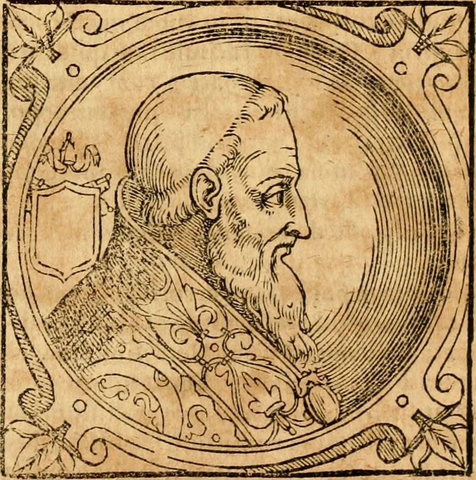 An illustration from Historia B. Platinae de vitis pontificum Romanorum : a D.N. Jesu Christo usque ad Paulum II. venetum papam : longe' quam antea emendatior, doctissimarumq[ue] annotationum Onuphrii Panuinii accessione nunc illustrior reddita : cui, eiusdem Onuphrii accurata atque fideli operâ, reliquorum pontificum vitae, usq[ue] ad Pium V. & Antonii Ciccarellae, usq[ue] ad Clementem VIII. qui hodiè sanctæ Romanae Catholicae ecclesiae præsidet, adiunctæ sunt : accesserunt nunc demum omnium pontificum verae effigies : omnia summo studio emendata & correcta, 1600, leaf 90