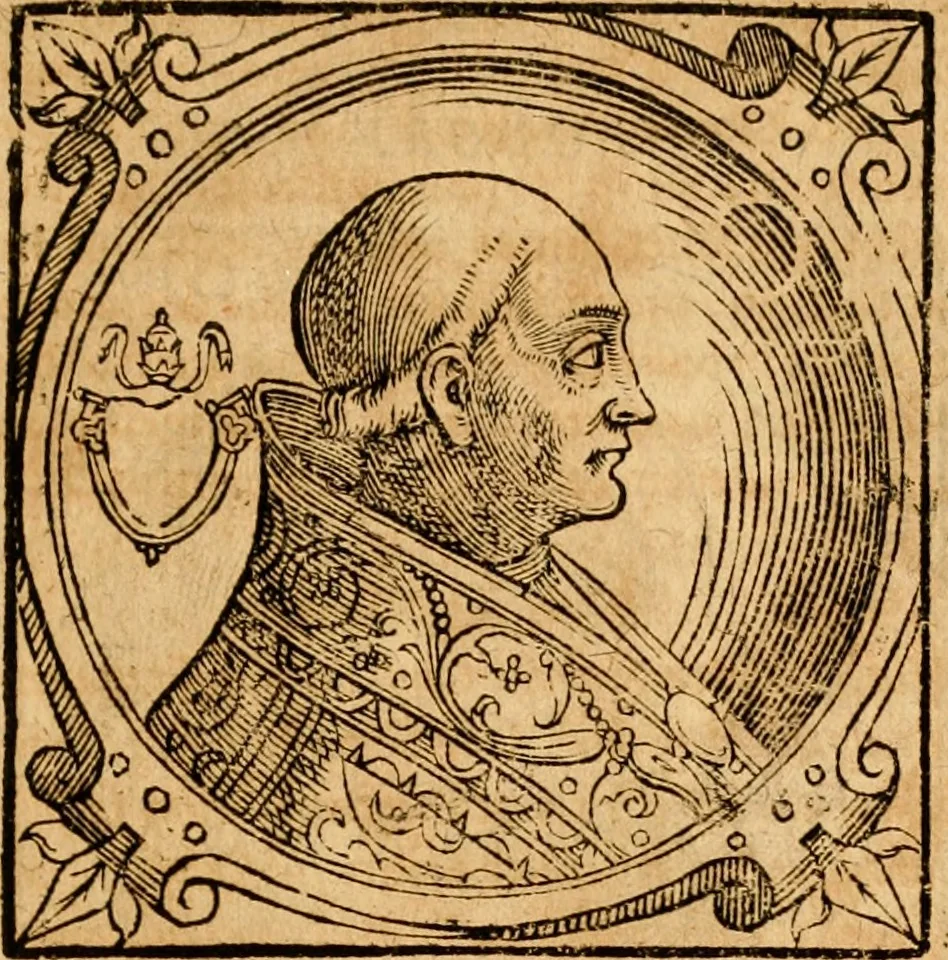 An illustration from Historia B. Platinae de vitis pontificum Romanorum : a D.N. Jesu Christo usque ad Paulum II. venetum papam : longe' quam antea emendatior, doctissimarumq[ue] annotationum Onuphrii Panuinii accessione nunc illustrior reddita : cui, eiusdem Onuphrii accurata atque fideli operâ, reliquorum pontificum vitae, usq[ue] ad Pium V. & Antonii Ciccarellae, usq[ue] ad Clementem VIII. qui hodiè sanctæ Romanae Catholicae ecclesiae præsidet, adiunctæ sunt : accesserunt nunc demum omnium pontificum verae effigies : omnia summo studio emendata & correcta, 1600, leaf 92