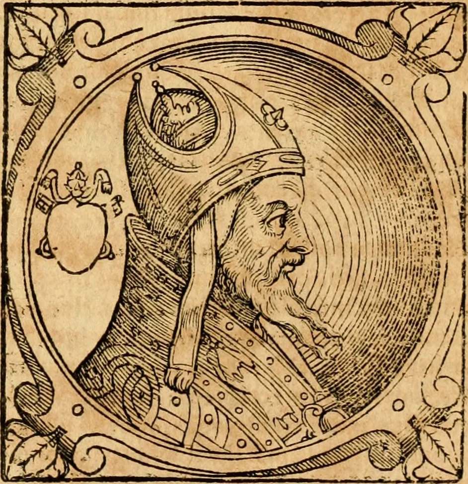 An illustration from Historia B. Platinae de vitis pontificum Romanorum : a D.N. Jesu Christo usque ad Paulum II. venetum papam : longe' quam antea emendatior, doctissimarumq[ue] annotationum Onuphrii Panuinii accessione nunc illustrior reddita : cui, eiusdem Onuphrii accurata atque fideli operâ, reliquorum pontificum vitae, usq[ue] ad Pium V. & Antonii Ciccarellae, usq[ue] ad Clementem VIII. qui hodiè sanctæ Romanae Catholicae ecclesiae præsidet, adiunctæ sunt : accesserunt nunc demum omnium pontificum verae effigies : omnia summo studio emendata & correcta, 1600, leaf 92
