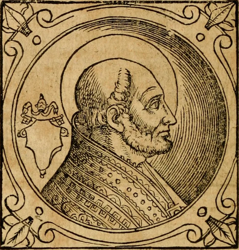 An illustration from Historia B. Platinae de vitis pontificum Romanorum : a D.N. Jesu Christo usque ad Paulum II. venetum papam : longe' quam antea emendatior, doctissimarumq[ue] annotationum Onuphrii Panuinii accessione nunc illustrior reddita : cui, eiusdem Onuphrii accurata atque fideli operâ, reliquorum pontificum vitae, usq[ue] ad Pium V. & Antonii Ciccarellae, usq[ue] ad Clementem VIII. qui hodiè sanctæ Romanae Catholicae ecclesiae præsidet, adiunctæ sunt : accesserunt nunc demum omnium pontificum verae effigies : omnia summo studio emendata & correcta, 1600, leaf 93