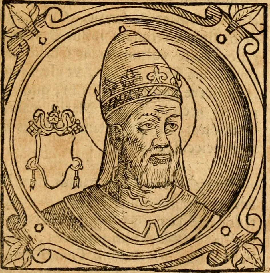 An illustration from Historia B. Platinae de vitis pontificum Romanorum : a D.N. Jesu Christo usque ad Paulum II. venetum papam : longe' quam antea emendatior, doctissimarumq[ue] annotationum Onuphrii Panuinii accessione nunc illustrior reddita : cui, eiusdem Onuphrii accurata atque fideli operâ, reliquorum pontificum vitae, usq[ue] ad Pium V. & Antonii Ciccarellae, usq[ue] ad Clementem VIII. qui hodiè sanctæ Romanae Catholicae ecclesiae præsidet, adiunctæ sunt : accesserunt nunc demum omnium pontificum verae effigies : omnia summo studio emendata & correcta, 1600, leaf 94