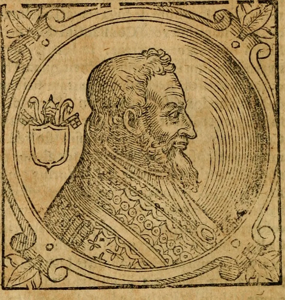 An illustration from Historia B. Platinae de vitis pontificum Romanorum : a D.N. Jesu Christo usque ad Paulum II. venetum papam : longe' quam antea emendatior, doctissimarumq[ue] annotationum Onuphrii Panuinii accessione nunc illustrior reddita : cui, eiusdem Onuphrii accurata atque fideli operâ, reliquorum pontificum vitae, usq[ue] ad Pium V. & Antonii Ciccarellae, usq[ue] ad Clementem VIII. qui hodiè sanctæ Romanae Catholicae ecclesiae præsidet, adiunctæ sunt : accesserunt nunc demum omnium pontificum verae effigies : omnia summo studio emendata & correcta, 1600, leaf 95