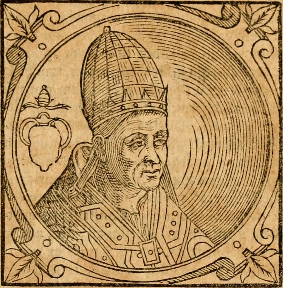 An illustration from Historia B. Platinae de vitis pontificum Romanorum : a D.N. Jesu Christo usque ad Paulum II. venetum papam : longe' quam antea emendatior, doctissimarumq[ue] annotationum Onuphrii Panuinii accessione nunc illustrior reddita : cui, eiusdem Onuphrii accurata atque fideli operâ, reliquorum pontificum vitae, usq[ue] ad Pium V. & Antonii Ciccarellae, usq[ue] ad Clementem VIII. qui hodiè sanctæ Romanae Catholicae ecclesiae præsidet, adiunctæ sunt : accesserunt nunc demum omnium pontificum verae effigies : omnia summo studio emendata & correcta, 1600, leaf 96
