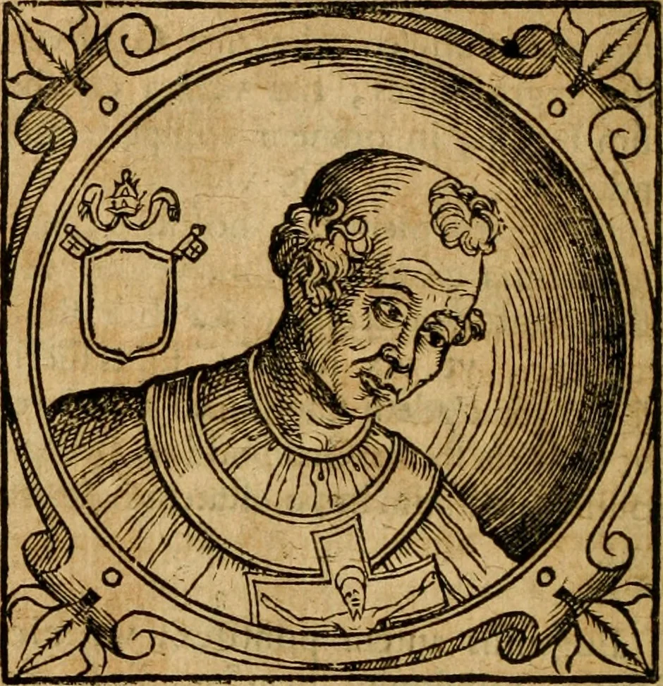 An illustration from Historia B. Platinae de vitis pontificum Romanorum : a D.N. Jesu Christo usque ad Paulum II. venetum papam : longe' quam antea emendatior, doctissimarumq[ue] annotationum Onuphrii Panuinii accessione nunc illustrior reddita : cui, eiusdem Onuphrii accurata atque fideli operâ, reliquorum pontificum vitae, usq[ue] ad Pium V. & Antonii Ciccarellae, usq[ue] ad Clementem VIII. qui hodiè sanctæ Romanae Catholicae ecclesiae præsidet, adiunctæ sunt : accesserunt nunc demum omnium pontificum verae effigies : omnia summo studio emendata & correcta, 1600, leaf 97