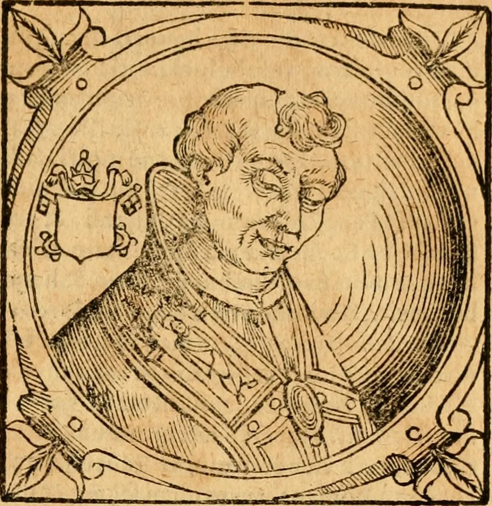 An illustration from Historia B. Platinae de vitis pontificum Romanorum : a D.N. Jesu Christo usque ad Paulum II. venetum papam : longe' quam antea emendatior, doctissimarumq[ue] annotationum Onuphrii Panuinii accessione nunc illustrior reddita : cui, eiusdem Onuphrii accurata atque fideli operâ, reliquorum pontificum vitae, usq[ue] ad Pium V. & Antonii Ciccarellae, usq[ue] ad Clementem VIII. qui hodiè sanctæ Romanae Catholicae ecclesiae præsidet, adiunctæ sunt : accesserunt nunc demum omnium pontificum verae effigies : omnia summo studio emendata & correcta, 1600, leaf 98