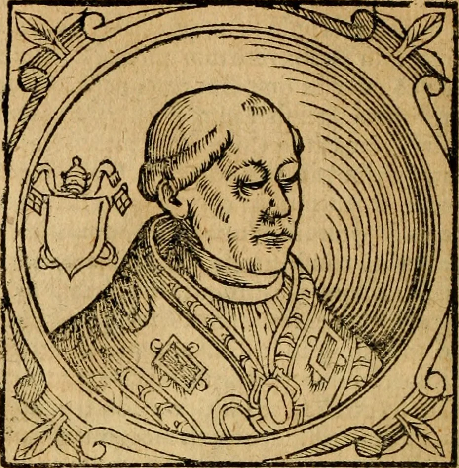 An illustration from Historia B. Platinae de vitis pontificum Romanorum : a D.N. Jesu Christo usque ad Paulum II. venetum papam : longe' quam antea emendatior, doctissimarumq[ue] annotationum Onuphrii Panuinii accessione nunc illustrior reddita : cui, eiusdem Onuphrii accurata atque fideli operâ, reliquorum pontificum vitae, usq[ue] ad Pium V. & Antonii Ciccarellae, usq[ue] ad Clementem VIII. qui hodiè sanctæ Romanae Catholicae ecclesiae præsidet, adiunctæ sunt : accesserunt nunc demum omnium pontificum verae effigies : omnia summo studio emendata & correcta, 1600, leaf 99