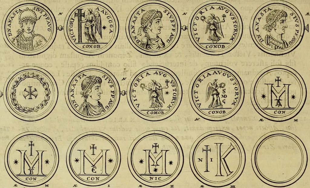 An illustration from Historia Byzantina duplici commentario illustrata : prior, Familias ac stemmata imperatorum constantinopolianorum, cum eorundem augustorum nomismatibus, & aliquot iconibus : praeterea familias dalmaticas & turcicas complecticur : alter, Descriptionem urbis constantinopolitanae, qualis extitit sub imperatoribus christianis, 1680, leaf 101