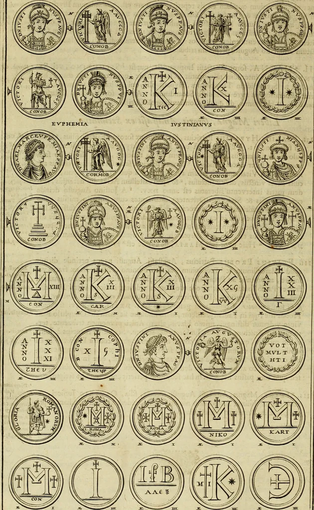 An illustration from Historia Byzantina duplici commentario illustrata : prior, Familias ac stemmata imperatorum constantinopolianorum, cum eorundem augustorum nomismatibus, & aliquot iconibus : praeterea familias dalmaticas & turcicas complecticur : alter, Descriptionem urbis constantinopolitanae, qualis extitit sub imperatoribus christianis, 1680, leaf 105