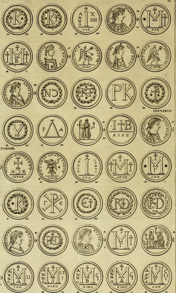An illustration from Historia Byzantina duplici commentario illustrata : prior, Familias ac stemmata imperatorum constantinopolianorum, cum eorundem augustorum nomismatibus, & aliquot iconibus : praeterea familias dalmaticas & turcicas complecticur : alter, Descriptionem urbis constantinopolitanae, qualis extitit sub imperatoribus christianis, 1680, leaf 107