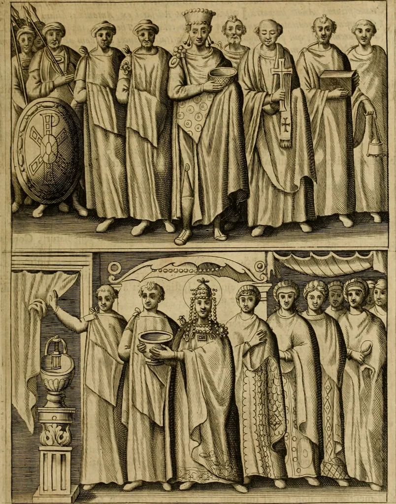 An illustration from Historia Byzantina duplici commentario illustrata : prior, Familias ac stemmata imperatorum constantinopolianorum, cum eorundem augustorum nomismatibus, & aliquot iconibus : praeterea familias dalmaticas & turcicas complecticur : alter, Descriptionem urbis constantinopolitanae, qualis extitit sub imperatoribus christianis, 1680, leaf 114
