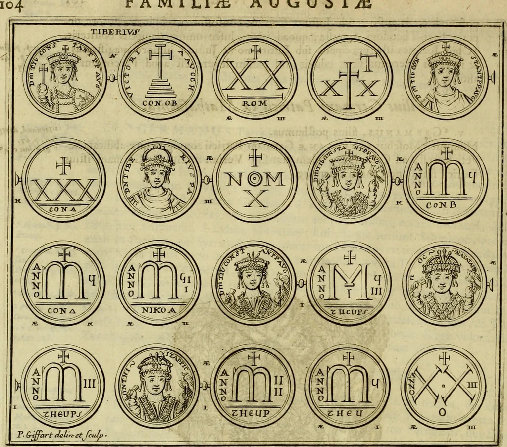 An illustration from Historia Byzantina duplici commentario illustrata : prior, Familias ac stemmata imperatorum constantinopolianorum, cum eorundem augustorum nomismatibus, & aliquot iconibus : praeterea familias dalmaticas & turcicas complecticur : alter, Descriptionem urbis constantinopolitanae, qualis extitit sub imperatoribus christianis, 1680, leaf 119