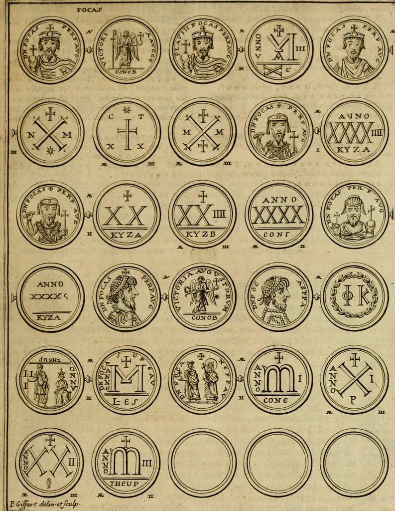 An illustration from Historia Byzantina duplici commentario illustrata : prior, Familias ac stemmata imperatorum constantinopolianorum, cum eorundem augustorum nomismatibus, & aliquot iconibus : praeterea familias dalmaticas & turcicas complecticur : alter, Descriptionem urbis constantinopolitanae, qualis extitit sub imperatoribus christianis, 1680, leaf 126