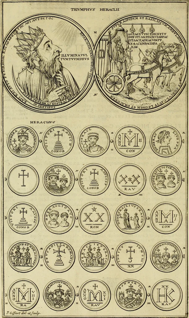 An illustration from Historia Byzantina duplici commentario illustrata : prior, Familias ac stemmata imperatorum constantinopolianorum, cum eorundem augustorum nomismatibus, & aliquot iconibus : praeterea familias dalmaticas & turcicas complecticur : alter, Descriptionem urbis constantinopolitanae, qualis extitit sub imperatoribus christianis, 1680, leaf 129