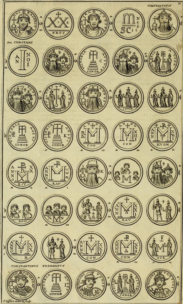 An illustration from Historia Byzantina duplici commentario illustrata : prior, Familias ac stemmata imperatorum constantinopolianorum, cum eorundem augustorum nomismatibus, & aliquot iconibus : praeterea familias dalmaticas & turcicas complecticur : alter, Descriptionem urbis constantinopolitanae, qualis extitit sub imperatoribus christianis, 1680, leaf 131