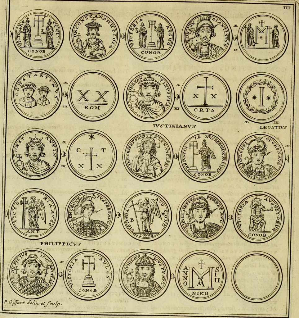 An illustration from Historia Byzantina duplici commentario illustrata : prior, Familias ac stemmata imperatorum constantinopolianorum, cum eorundem augustorum nomismatibus, & aliquot iconibus : praeterea familias dalmaticas & turcicas complecticur : alter, Descriptionem urbis constantinopolitanae, qualis extitit sub imperatoribus christianis, 1680, leaf 133
