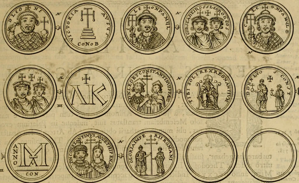 An illustration from Historia Byzantina duplici commentario illustrata : prior, Familias ac stemmata imperatorum constantinopolianorum, cum eorundem augustorum nomismatibus, & aliquot iconibus : praeterea familias dalmaticas & turcicas complecticur : alter, Descriptionem urbis constantinopolitanae, qualis extitit sub imperatoribus christianis, 1680, leaf 140