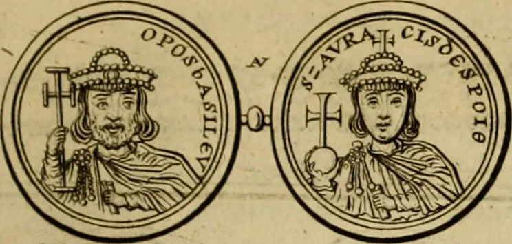 An illustration from Historia Byzantina duplici commentario illustrata : prior, Familias ac stemmata imperatorum constantinopolianorum, cum eorundem augustorum nomismatibus, & aliquot iconibus : praeterea familias dalmaticas & turcicas complecticur : alter, Descriptionem urbis constantinopolitanae, qualis extitit sub imperatoribus christianis, 1680, leaf 144