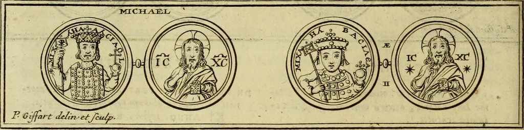 An illustration from Historia Byzantina duplici commentario illustrata : prior, Familias ac stemmata imperatorum constantinopolianorum, cum eorundem augustorum nomismatibus, & aliquot iconibus : praeterea familias dalmaticas & turcicas complecticur : alter, Descriptionem urbis constantinopolitanae, qualis extitit sub imperatoribus christianis, 1680, leaf 145