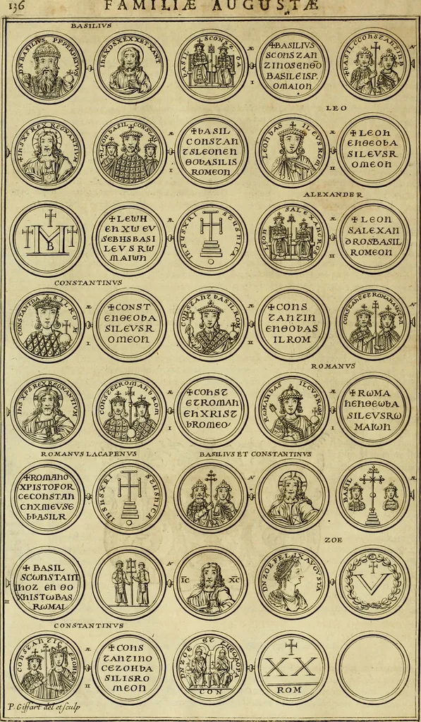 An illustration from Historia Byzantina duplici commentario illustrata : prior, Familias ac stemmata imperatorum constantinopolianorum, cum eorundem augustorum nomismatibus, & aliquot iconibus : praeterea familias dalmaticas & turcicas complecticur : alter, Descriptionem urbis constantinopolitanae, qualis extitit sub imperatoribus christianis, 1680, leaf 153