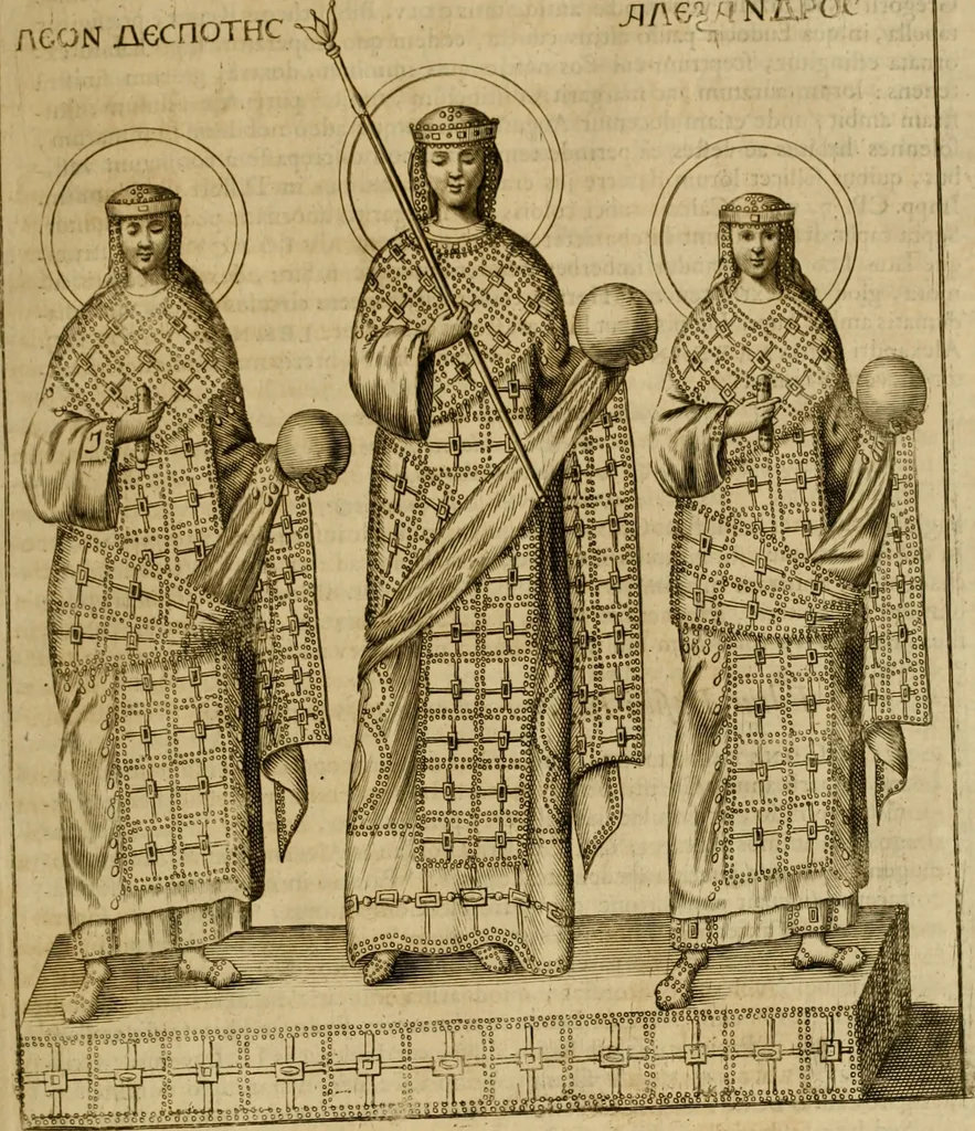 An illustration from Historia Byzantina duplici commentario illustrata : prior, Familias ac stemmata imperatorum constantinopolianorum, cum eorundem augustorum nomismatibus, & aliquot iconibus : praeterea familias dalmaticas & turcicas complecticur : alter, Descriptionem urbis constantinopolitanae, qualis extitit sub imperatoribus christianis, 1680, leaf 156