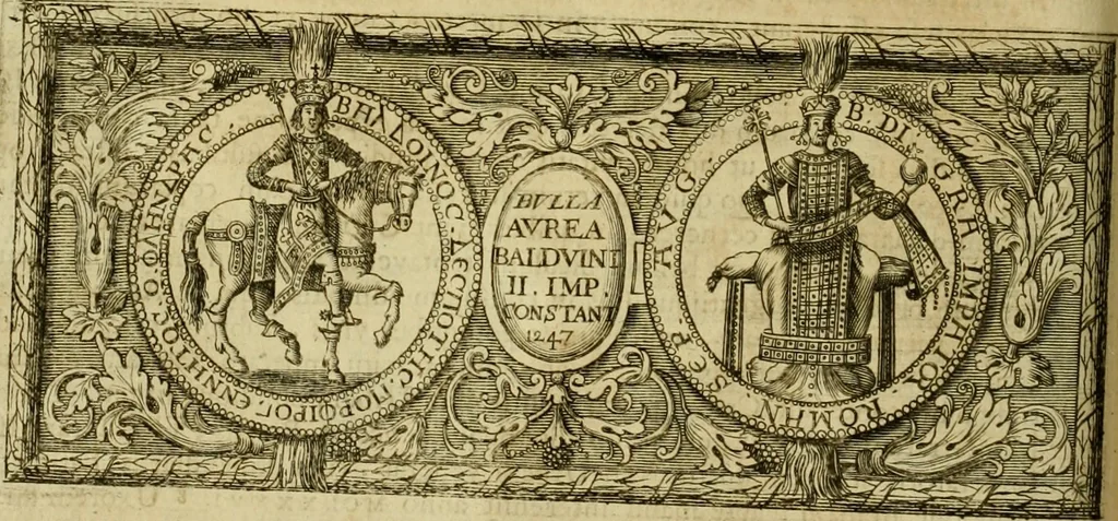 An illustration from Historia Byzantina duplici commentario illustrata : prior, Familias ac stemmata imperatorum constantinopolianorum, cum eorundem augustorum nomismatibus, & aliquot iconibus : praeterea familias dalmaticas & turcicas complecticur : alter, Descriptionem urbis constantinopolitanae, qualis extitit sub imperatoribus christianis, 1680, leaf 233