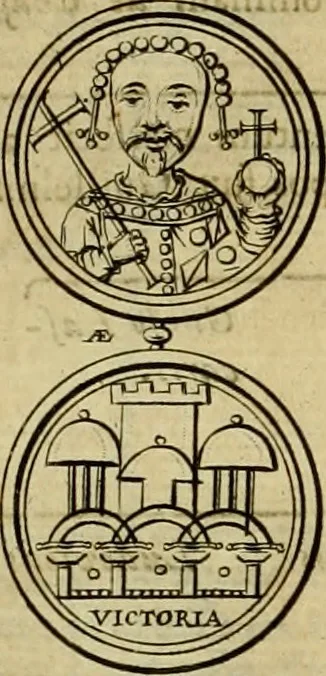 An illustration from Historia Byzantina duplici commentario illustrata : prior, Familias ac stemmata imperatorum constantinopolianorum, cum eorundem augustorum nomismatibus, & aliquot iconibus : praeterea familias dalmaticas & turcicas complecticur : alter, Descriptionem urbis constantinopolitanae, qualis extitit sub imperatoribus christianis, 1680, leaf 247