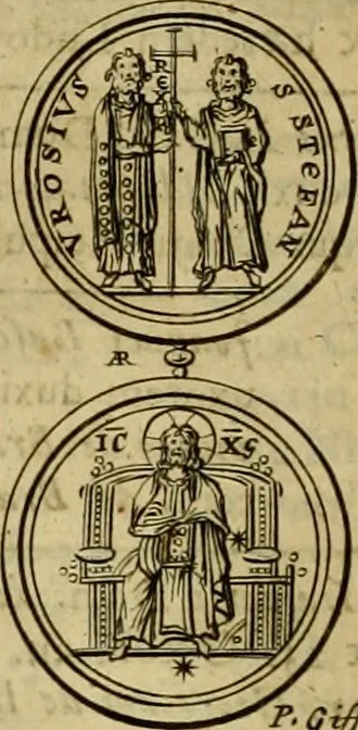 An illustration from Historia Byzantina duplici commentario illustrata : prior, Familias ac stemmata imperatorum constantinopolianorum, cum eorundem augustorum nomismatibus, & aliquot iconibus : praeterea familias dalmaticas & turcicas complecticur : alter, Descriptionem urbis constantinopolitanae, qualis extitit sub imperatoribus christianis, 1680, leaf 247