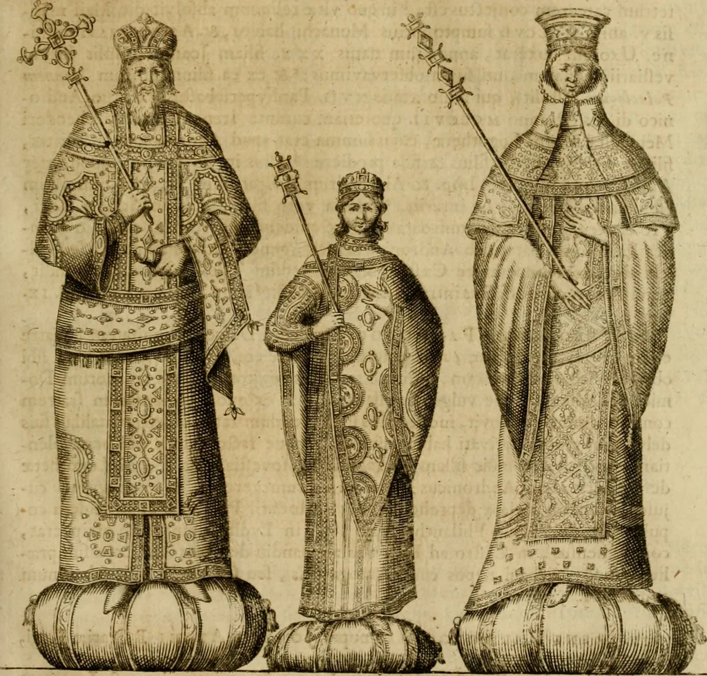 An illustration from Historia Byzantina duplici commentario illustrata : prior, Familias ac stemmata imperatorum constantinopolianorum, cum eorundem augustorum nomismatibus, & aliquot iconibus : praeterea familias dalmaticas & turcicas complecticur : alter, Descriptionem urbis constantinopolitanae, qualis extitit sub imperatoribus christianis, 1680, leaf 250