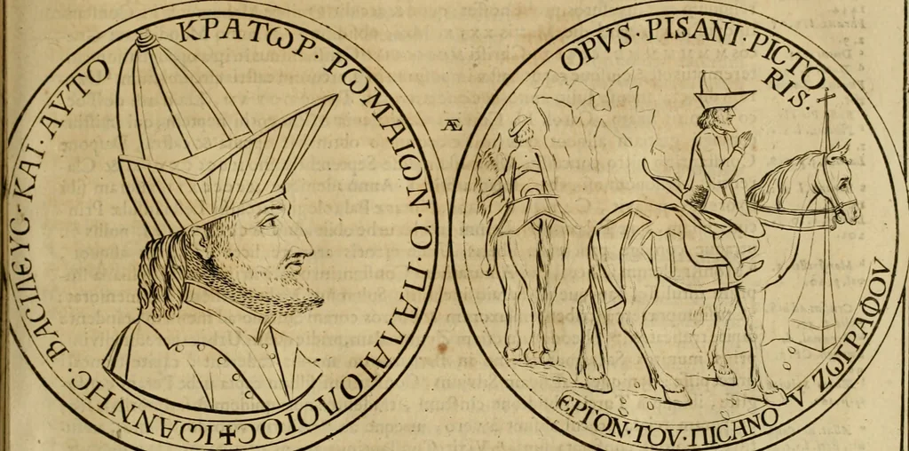 An illustration from Historia Byzantina duplici commentario illustrata : prior, Familias ac stemmata imperatorum constantinopolianorum, cum eorundem augustorum nomismatibus, & aliquot iconibus : praeterea familias dalmaticas & turcicas complecticur : alter, Descriptionem urbis constantinopolitanae, qualis extitit sub imperatoribus christianis, 1680, leaf 262