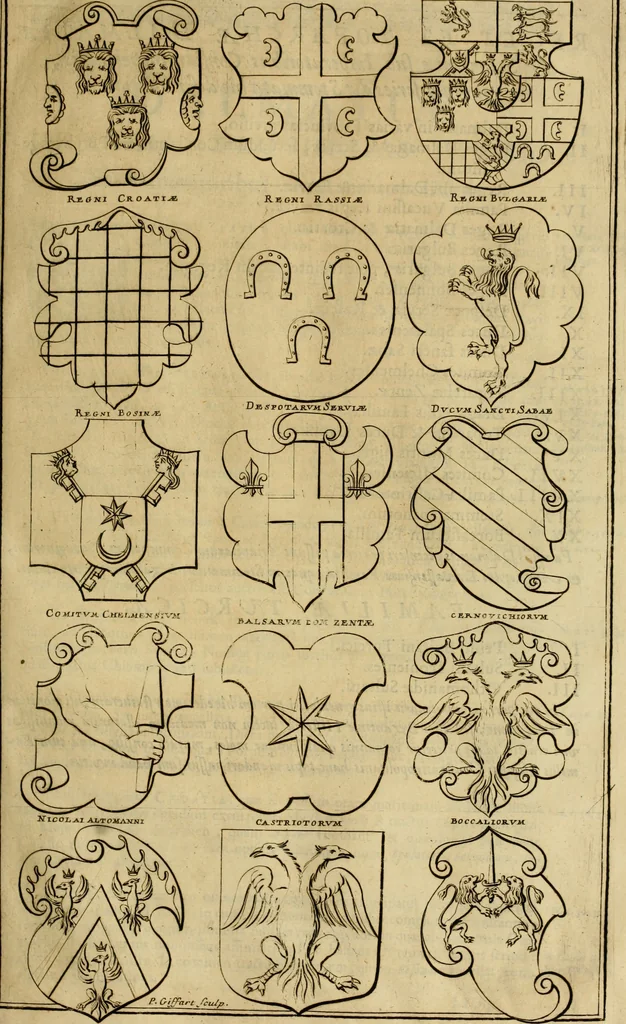 An illustration from Historia Byzantina duplici commentario illustrata : prior, Familias ac stemmata imperatorum constantinopolianorum, cum eorundem augustorum nomismatibus, & aliquot iconibus : praeterea familias dalmaticas & turcicas complecticur : alter, Descriptionem urbis constantinopolitanae, qualis extitit sub imperatoribus christianis, 1680, leaf 284
