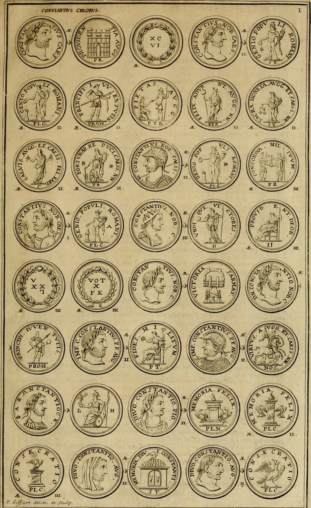 An illustration from Historia Byzantina duplici commentario illustrata : prior, Familias ac stemmata imperatorum constantinopolianorum, cum eorundem augustorum nomismatibus, & aliquot iconibus : praeterea familias dalmaticas & turcicas complecticur : alter, Descriptionem urbis constantinopolitanae, qualis extitit sub imperatoribus christianis, 1680, leaf 30