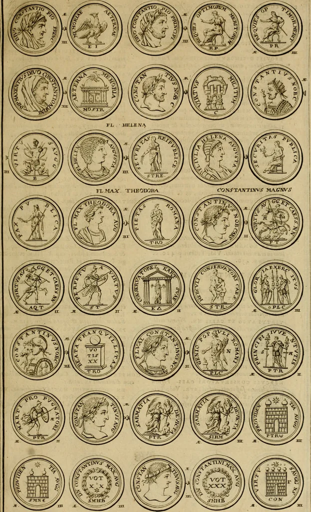 An illustration from Historia Byzantina duplici commentario illustrata : prior, Familias ac stemmata imperatorum constantinopolianorum, cum eorundem augustorum nomismatibus, & aliquot iconibus : praeterea familias dalmaticas & turcicas complecticur : alter, Descriptionem urbis constantinopolitanae, qualis extitit sub imperatoribus christianis, 1680, leaf 32
