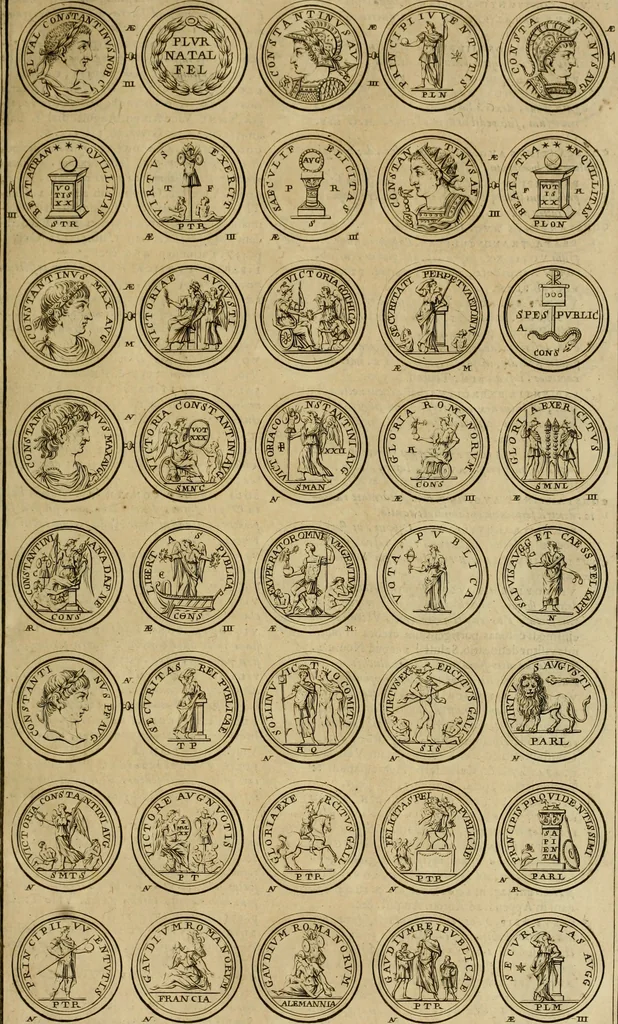 An illustration from Historia Byzantina duplici commentario illustrata : prior, Familias ac stemmata imperatorum constantinopolianorum, cum eorundem augustorum nomismatibus, & aliquot iconibus : praeterea familias dalmaticas & turcicas complecticur : alter, Descriptionem urbis constantinopolitanae, qualis extitit sub imperatoribus christianis, 1680, leaf 34