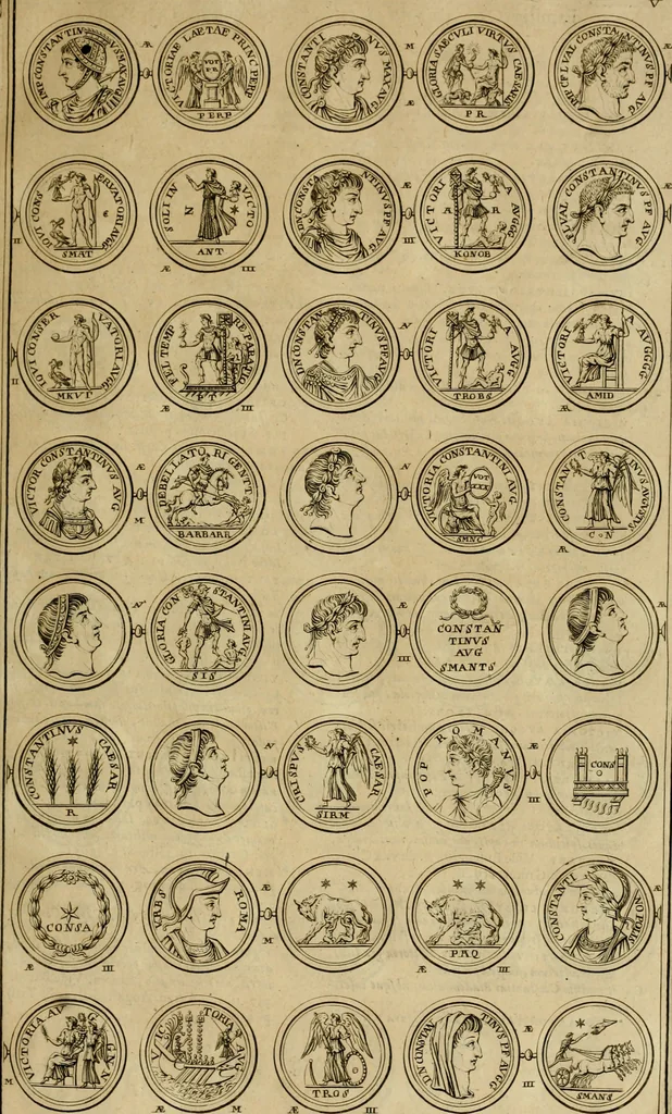 An illustration from Historia Byzantina duplici commentario illustrata : prior, Familias ac stemmata imperatorum constantinopolianorum, cum eorundem augustorum nomismatibus, & aliquot iconibus : praeterea familias dalmaticas & turcicas complecticur : alter, Descriptionem urbis constantinopolitanae, qualis extitit sub imperatoribus christianis, 1680, leaf 38